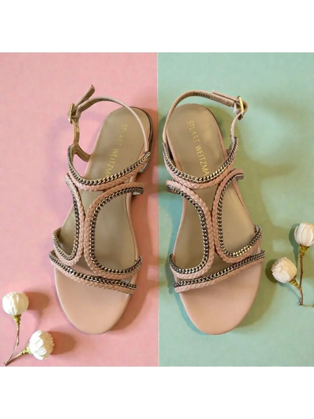 Stuart Weitzman Pink Chain-Trim Leather Sandals